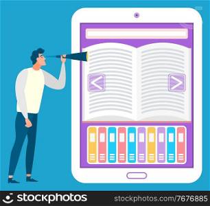Man reading ebook vector, electronic book with library and available materials to study. Student looking at device, page with text, subjects info. Electronic Book Ebook Library for Education Vector