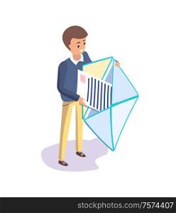 Man receiving message vector, human holding open envelope. Isolated isometric 3d, business correspondence and communication with partners, formal chatting. Person Holding Envelope with Opened Message 3D