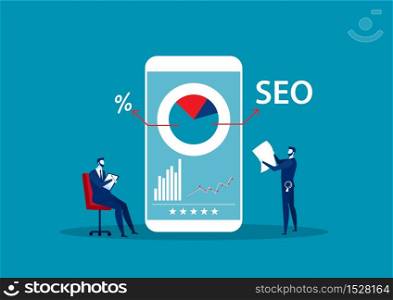 Man record and report with magnifier . Concept of SEO or search engine optimization, online marketing strategy. vector illustration.