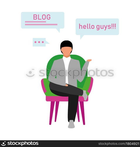 Man recording vlog semi flat color vector character. Inspiring educator. Full body person on white. Create educational blog isolated modern cartoon style illustration for graphic design and animation. Man recording vlog semi flat color vector character