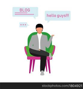 Man recording vlog semi flat color vector character. Inspiring educator. Full body person on white. Create educational blog isolated modern cartoon style illustration for graphic design and animation. Man recording vlog semi flat color vector character