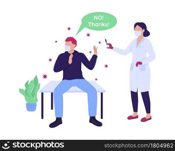 Man refusing to take vaccine semi flat color vector characters. Full body people on white. Vaccination hesitancy isolated modern cartoon style illustration for graphic design and animation. Man refusing to take vaccine semi flat color vector characters