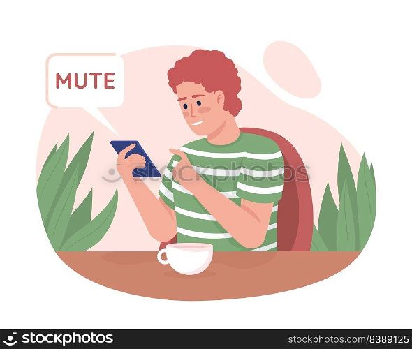 Man rejecting social medias 2D vector isolated illustration. Flat character on cartoon background. Internet addiction colourful editable scene for mobile, website, presentation. Quicksand font used. Man rejecting social medias 2D vector isolated illustration