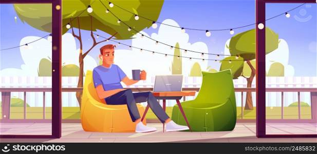 Man relax at outdoor home terrace, male character with coffee cup sitting at wooden patio at armchair with laptop on table, green trees and lawn view. Area for relaxation Cartoon vector illustration. Man relax at outdoor home terrace, relaxation area