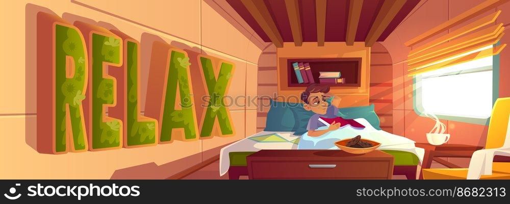 Man relax in bed with book in cozy c&ing van interior with steaming coffee cup and cookies. Traveler meet morning in modern trailer minibus with moss decor and furniture, Cartoon vector illustration. Man relax in bed with book in cozy c&ing van