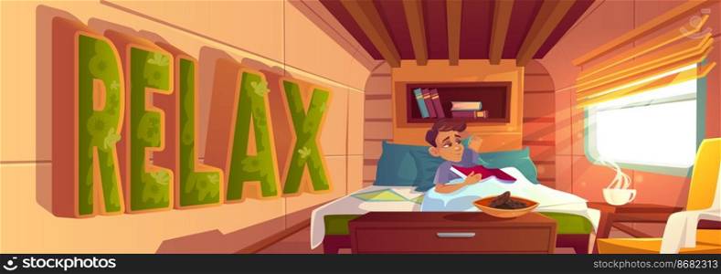 Man relax in bed with book in cozy c&ing van interior with steaming coffee cup and cookies. Traveler meet morning in modern trailer minibus with moss decor and furniture, Cartoon vector illustration. Man relax in bed with book in cozy c&ing van