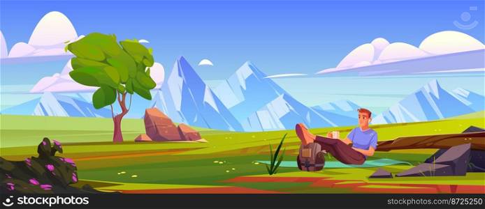 Man relax on green field at wild nature landscape with mountain peaks, tree and rocks under blue sky with clouds. Young male character lying on mat with cup and rucksack, Cartoon Vector illustration. Man relax on green field at wild nature landscape