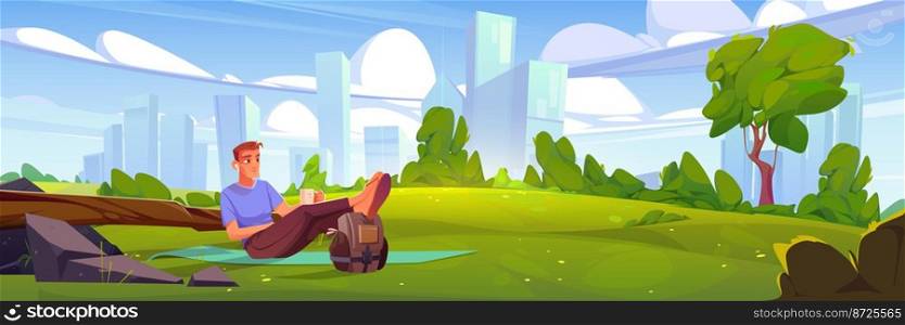 Man relax on green lawn in city park. Cartoon nature landscape with young male character lying on mat with cup and rucksack on urban skyline background. Outdoor summer recreation, Vector illustration. Man relax on green lawn in city park outdoor relax