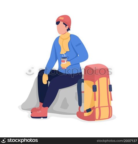 Man relax on winter hike semi flat color vector character. Posing figure. Full body people on white. Outdoor recreation isolated modern cartoon style illustration for graphic design and animation. Man relax on winter hike semi flat color vector character