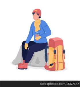 Man relax on winter hike semi flat color vector character. Posing figure. Full body people on white. Outdoor recreation isolated modern cartoon style illustration for graphic design and animation. Man relax on winter hike semi flat color vector character