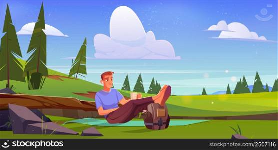 Man relax sitting on mat on green meadow. Vector cartoon illustration of summer rural landscape with coniferous trees, grass and happy person with earbuds, cup and backpack. Man relax sitting on mat on green meadow