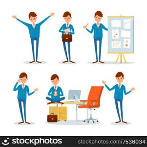 Man relaxing at work during break, office worker vector. Person showing whiteboard with presentation and papers. Business calls to partners clients. Man Relaxing at Work During Break, Office Worker