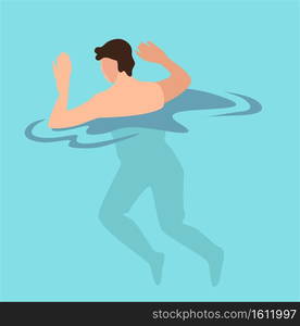 Man relaxing by seaside, male character swimming in pool. Teenager in sea or ocean water. Swimmer resting on summer vacations and holidays. Practicing sportsman training, vector in flat style. Male character swimming in water, summer vacation activities