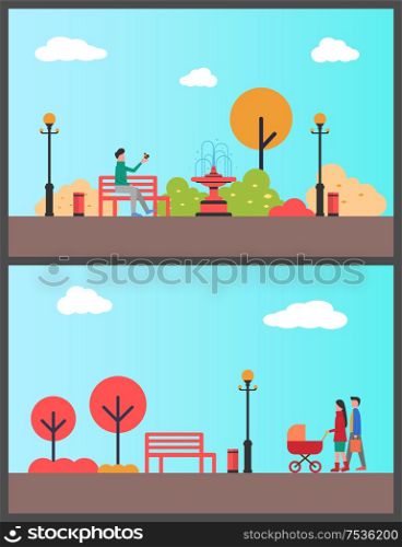 Man relaxing in autumn park sitting on bench vector. Family with perambulator walking, strolling parents pushing pram. Trees and fountain exterior. Man Relaxing in Autumn Park Sitting on Bench Alone