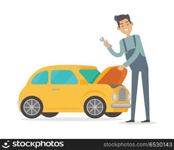 Man Repair Car. Auto Mechanic Isolated on White. Man repair car. Car service illustration in flat style design. Auto mechanic isolated on white background. Car service worker. Repair test yellow car. Machinery engineer. Car service concept. Vector.