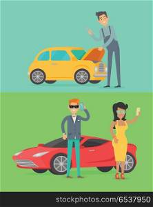 Man Repair Car. Rich People Near Luxury Auto.. Man repair car. Rich people near luxury red coupe car. Car service illustration in flat style design. Auto mechanic, business man and woman. Car service. Repair car test. Machinery engineer. Vector