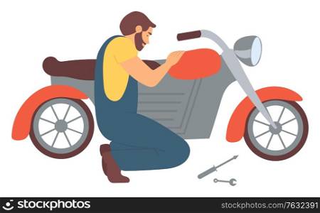 Man Repairing Motorcycle isolated cartoon character. Mechanic fixing motorbike, maintenance of transport vehicle. Biker with spanner and repair equipment. Vector illustration in flat cartoon style. Man Repairing Motorcycle Isolated Vector Character