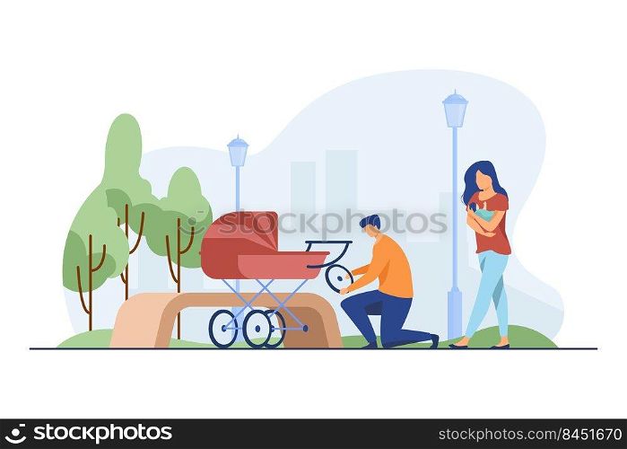 Man repairing pram and woman feeding baby. Wheel, park,≠wborn flat vector illustration. Motheρod and lactation concept for ban≠r, website design or landing web pa≥