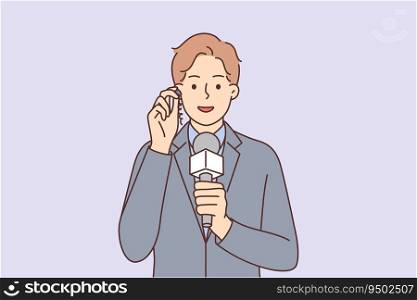 Man reporter with microphone and earpiece informs TV viewers about important news live. Guy works on television makes career as journalist or reporter from press service of government agencies.. Man reporter with microphone and earpiece informs TV viewers about important news live