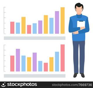 Man reporting on projects stats and analytics vector, flat style character holding paper document in hand. Board with information infocharts infographics. Infographics and Infocharts with Man and Paper