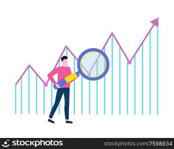 Man researching rising element, person holding loupe, lines and arrow, success symbol. Portrait view of worker character with magnifier, searching vector. Man Searching with Loupe, Rising Arrow Vector