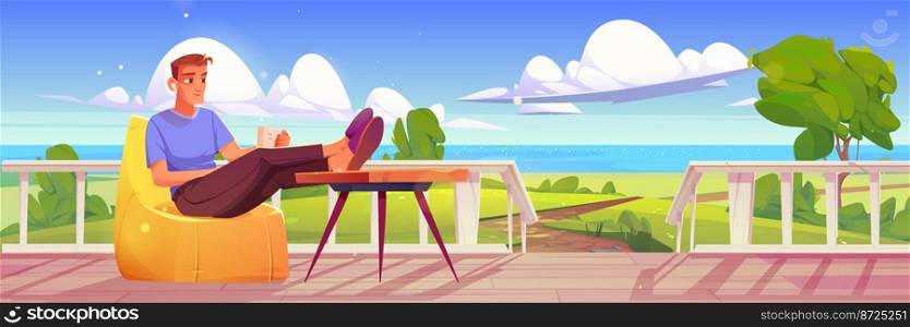 Man rest in bean bag chair on wooden porch or terrace with view to green meadows and sea coast. Lake shore landscape with person relax with cup on house veranda, vector cartoon illustration. Man rest in bean bag chair on wooden porch