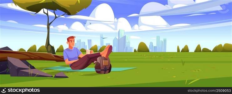 Man rest on green lawn with trees, bushes and city buildings on horizon. Vector cartoon illustration of autumn landscape of park or countryside with person sitting on mat with cup and backpack. Man rest on green lawn with city on horizon
