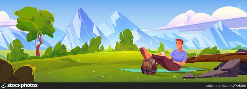 Man rest on mat on green lawn with log, stone, trees, bushes and mountains on horizon. Summer countryside landscape with person with cup and backpack, vector cartoon illustration. Man rest on mat on green lawn with log