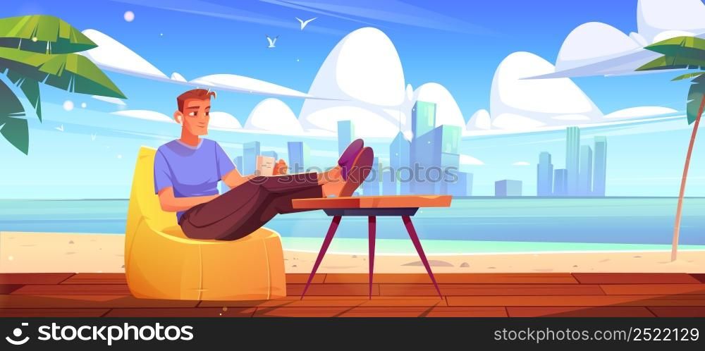 Man rest on wooden terrace on sea beach. Vector cartoon summer tropical landscape of ocean shore, palm trees, city on skyline and person sitting in bean bag chair with cup on embankment. Man rest on wooden terrace on sea beach