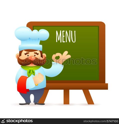 Man restaurant chef cook with menu informational billboard vector illustration