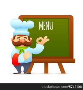 Man restaurant chef cook with menu informational billboard vector illustration