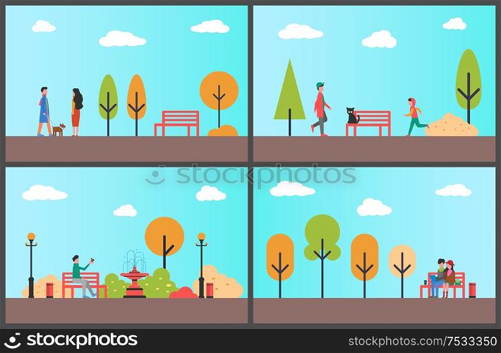 Man resting on bench of autumn park on sunny day vector. Outdoors fun people, fall season relaxation in wood. Teenagers and children with cat and dog. Man Resting on Bench of Autumn Park on Sunny Day