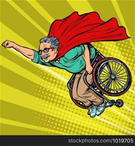 man retired superhero disabled in a wheelchair. Health and longevity of older people. Pop art retro vector illustration drawing vintage kitsch. man retired superhero disabled in a wheelchair. Health and longevity of older people
