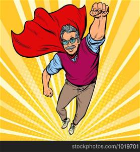 man retired superhero. Health and longevity of older people. Pop art retro vector illustration drawing vintage kitsch. man retired superhero. Health and longevity of older people