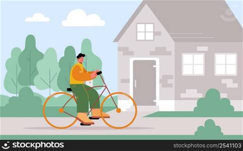Man ride on bike on street. Concept of sport and healthy lifestyle with young person cyclist. Vector flat illustration of happy character on bicycle and summer landscape with house and trees. Man ride on bike on street