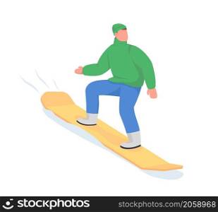 Man ride on snowboard semi flat color vector character. Posing figure. Full body person on white. Winter fun sport isolated modern cartoon style illustration for graphic design and animation. Man ride on snowboard semi flat color vector character