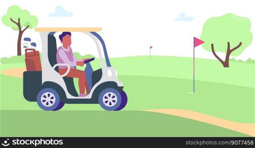 Man rides in cart across golf course with flags. Player transportation by golfing field. Summer luxury outdoor sport game. Club bag. Athletic hobby. Male golfer driving electric car. Vector concept. Man rides in cart across golf course with flags. Player transportation by golfing field. Summer luxury outdoor sport game. Athletic hobby. Male golfer driving electric car. Vector concept