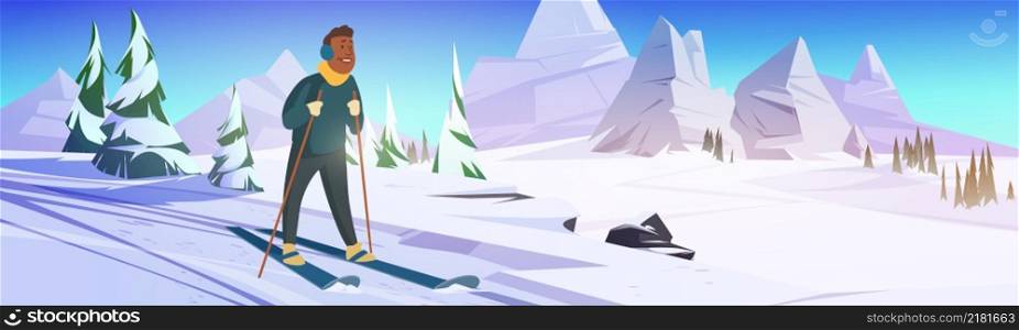 Man rides on ski on snow slope in mountains. Vector cartoon illustration of winter landscape with snowy downhill, trees, rocks and black skier person with sticks. Man rides on ski on snow slope in mountains
