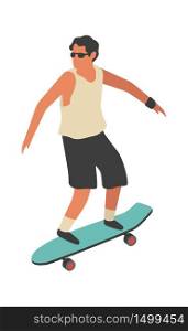 Man rides skateboard. Happy young boy skateboarding flat vector street activities concept. Man rides skateboard. Happy young guy skateboarding flat vector street activities concept