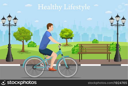 Man riding a bicycle In Public Park, Vector illustration in flat design. Couple Riding Bicycles In Public Park,