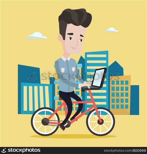 Man riding a bicycle to work. Cyclist riding bike in the city. Businessman with laptop on a bike. Businessman working on laptop while riding a bicycle. Vector flat design illustration. Square layout. Man riding bicycle in the city vector illustration