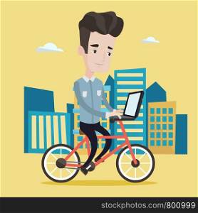 Man riding a bicycle to work. Cyclist riding bike in the city. Businessman with laptop on a bike. Businessman working on laptop while riding a bicycle. Vector flat design illustration. Square layout. Man riding bicycle in the city vector illustration