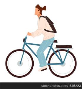 Man riding bicycle, ecologically friendly transport. Isolated sportive male character leading active lifestyle. Cycling and training, commuting using bike. Exercising outdoors. Vector in flat style. Male character riding bicycle, cyclist with bag