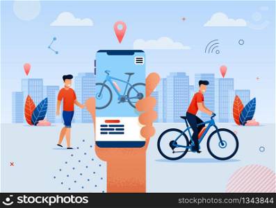 Man Riding Bicycle Flat Cartoon Vector Illustration. Going around Park. City Life. Healthy Active Lifestyle. Spending Free Time in Green Area. Hand Holding Mobile Phone with Renting Bike on Screen.