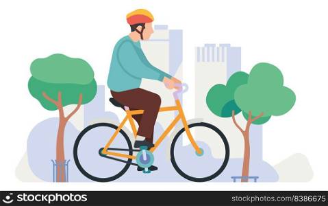 Man riding bicycle. Guy on city stret view isolated on white background. Man riding bicycle. Guy on city stret view