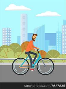 Man riding bicycle in urban park in summer. Person walking city street or road. Guy spend time actively. Beautiful landscape, view on background. Male and his hobby. Vector illustration in flat style. Man Riding Bicycle on Road in Park, City Landscape
