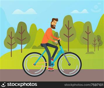 Man riding bicycle outdoor, side view of boy in casual clothes, smiling boy with beard going near trees and mountain landscape, biking weekend vector. Smiling Man Riding Bicycle near Green Trees Vector