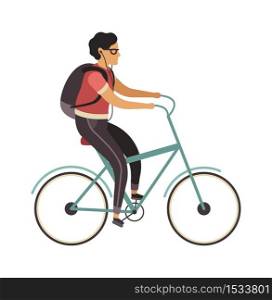 Man riding bicycle. Simple young character cyclist guy rides on bike. Outdoor activities in park, healthy leisure lifestyle. Flat vector cartoon isolated illustration. Man riding bicycle. Simple character cyclist guy rides on bike. Outdoor activities in park, healthy lifestyle. Flat vector cartoon isolated illustration
