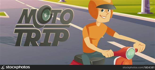 Man riding bike, moto trip cartoon banner, motorcycle rider in helmet driving highway, road travel on retro scooter, character use motorbike eco and ergonomical city transport, Vector illustration. Man riding bike, moto trip cartoon vector banner