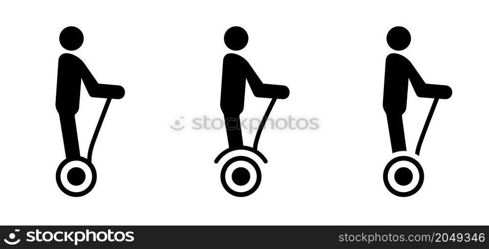 Man riding e-step, silhouette stickman icon or pictogram. Alternative personal transport, stay on a eScooter or eBrommer. Traffic way, city logo. Vector man, stick figure. Steps set
